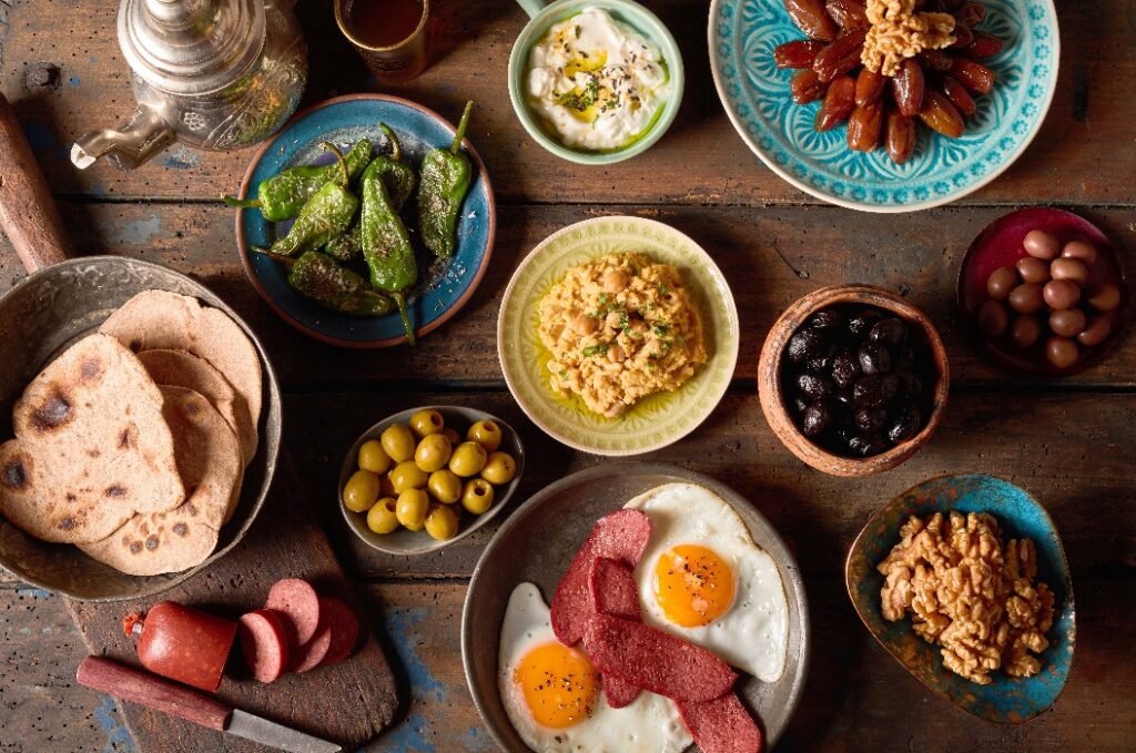 Overhead scene of rustic arabian breakfast